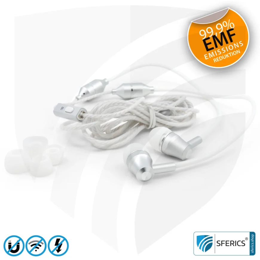 Luftkabel In-Ear Stereo Headset mit Mikrofon | Variante SFERICS® SMART | Anti EMF Airtube Technologie ohne Elektrosmog | weiss-silber | Klinkenstecker