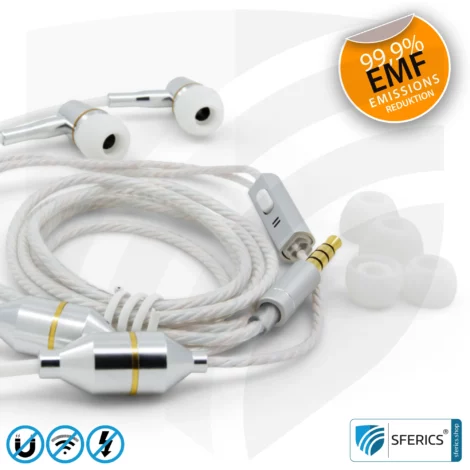 Luftkabel In-Ear Stereo Headset mit Mikrofon | Air Tube CLASSIC | strahlungsfreie Technologie ohne Elektrosmog | weiss-silber | mit Klinkenstecker