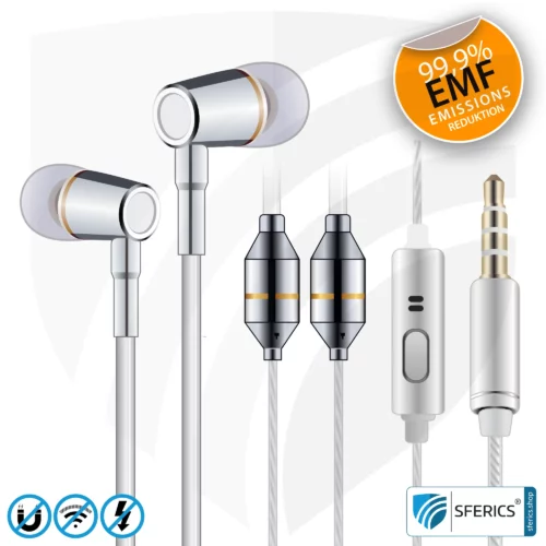 Luftkabel In-Ear Stereo Headset mit Mikrofon | AirTube CLASSIC | strahlungsfreie Technologie ohne Elektrosmog | weiss-silber | mit Klinkenstecker