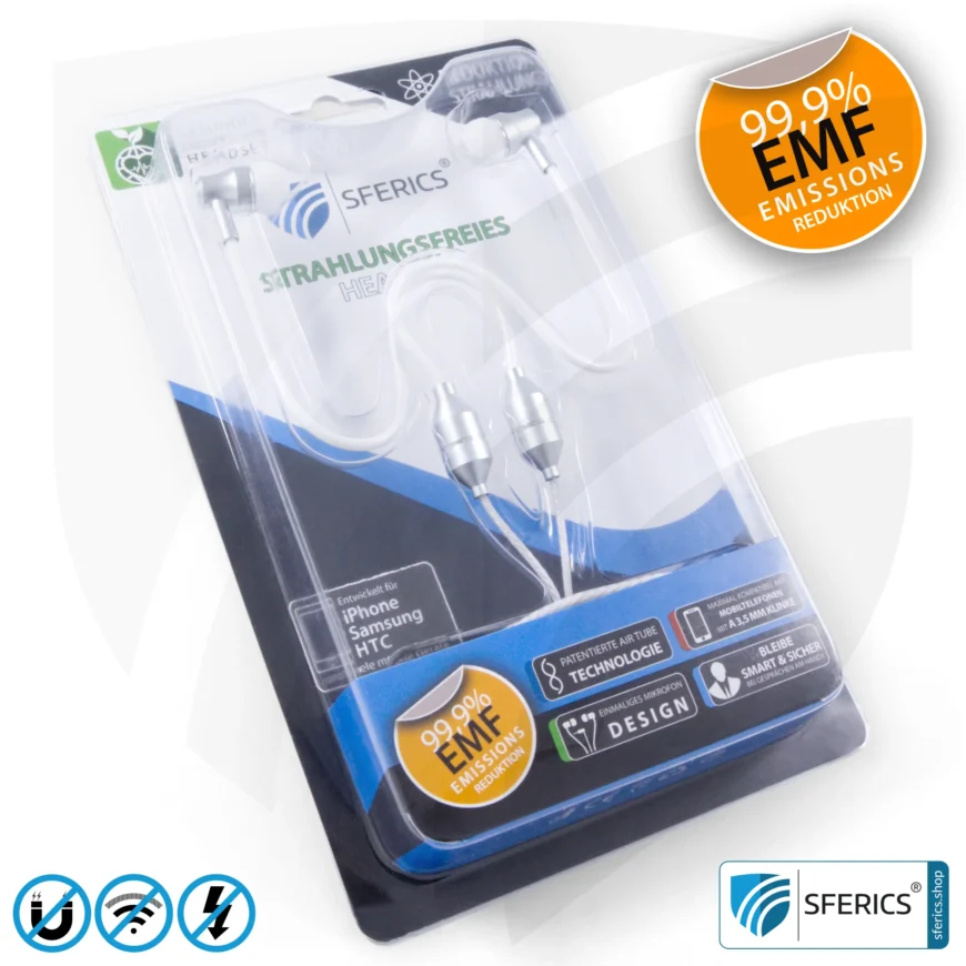 Luftkabel In-Ear Stereo Headset mit Mikrofon | Variante SFERICS® SMART | Anti EMF Airtube Technologie ohne Elektrosmog | weiss-silber | Klinkenstecker