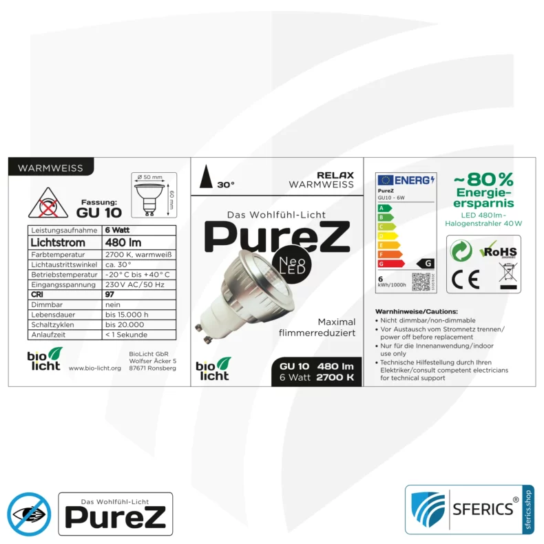 6 Watt LED Spot Pure-Z NEO | Hell wie 40 Watt, 480 Lumen | CRI 97 | flimmerfrei | warmweiß | GU10