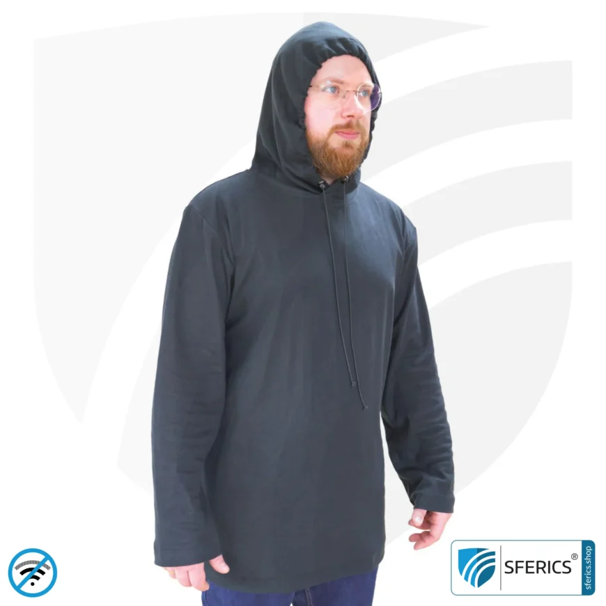 Abschirmender Hoodie | Langarm T-Shirt mit Kaputze | Schutz bis 40 dB vor HF Elektrosmog (Handy, WLAN, LTE) | strapazierfähig, aus Black-Jersey Abschirmstoff | 5G ready!