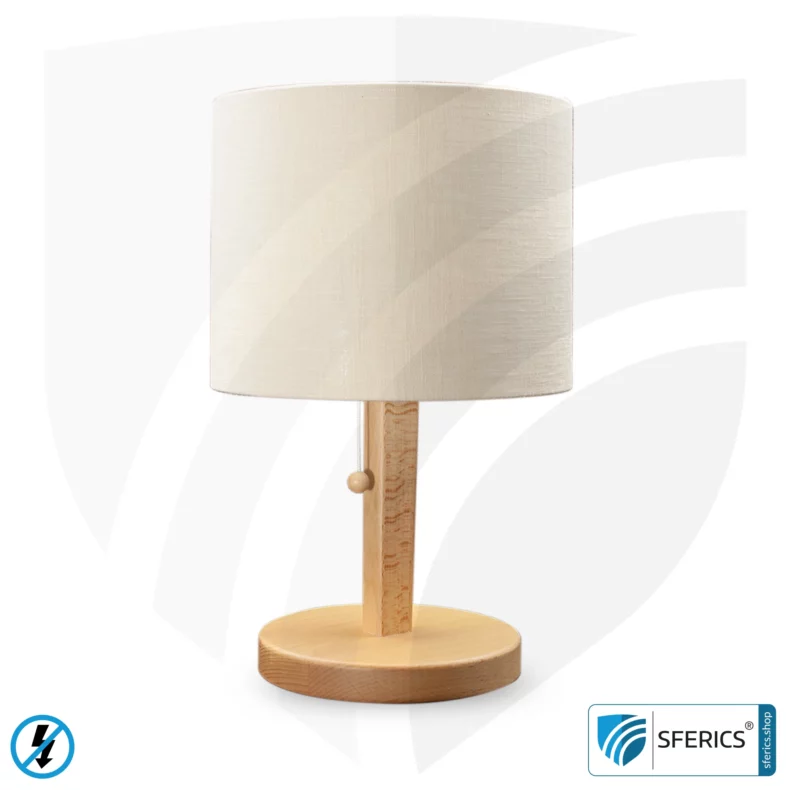 Geschirmte Tischleuchte aus Buchenholz | Zylinder Form | Lampenschirm NATUR | aus Baumwolle natur / Leinen (Nesselstoff) | E27 Fassung