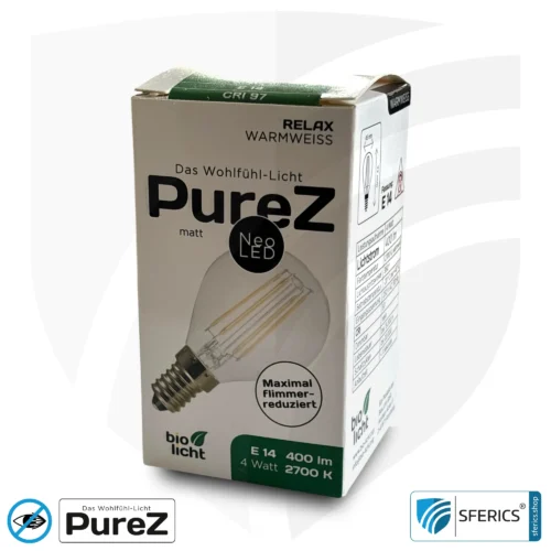 4 Watt LED Filament Pure-Z NEO | Hell wie 38 Watt, 400 Lumen | CRI 97 | flimmerfrei | warmweiß | E14