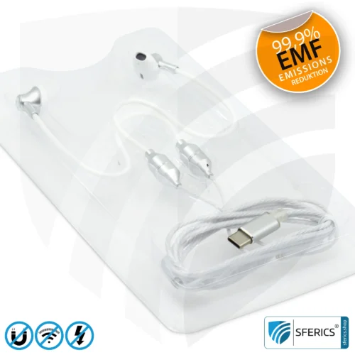Strahlungsfreies SFERICS® ergonomisches In-Ear Stereo Kopfhörer | AirTube MINI mit USB C Stecker | Elektrosmog reduzierender Kopfhörer mit Luftkabel Technologie und leistungstarkem Mikrofon | weiss-silber (Kopie) 21 Luftkabel ergonomisch geformtes Stereo Headset mit Mikrofon | AirTube MINI | strahlungsfreie Technologie ohne Elektrosmog | weiss-silber | mit USB C Stecker für moderne Endgeräte