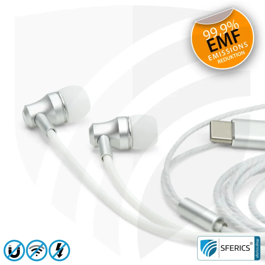 Luftkabel In-Ear Stereo Headset mit Mikrofon | AirTube SMART | strahlungsfreie Technologie ohne Elektrosmog | weiss-silber | mit USB C Stecker für moderne Endgeräte