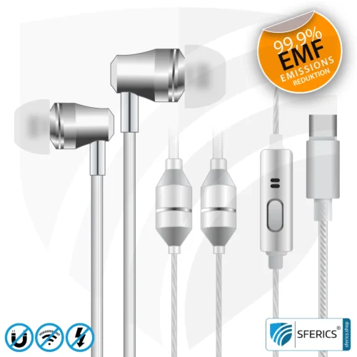 Luftkabel In-Ear Stereo Headset mit Mikrofon | AirTube SMART | strahlungsfreie Technologie ohne Elektrosmog | weiss-silber | mit USB C Stecker für moderne Endgeräte