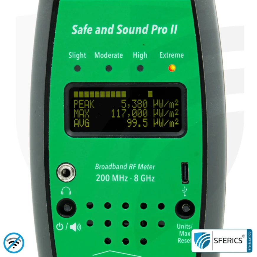 SAFE AND SOUND PRO 2 Elektrosmog Detektor | Einzigartiger Messbereich bis 3.180.000 µW/m² | Semiprofi Breitband HF Messgerät für Einsteiger | Erkennung von EMF Funkstrahlung bis 8 GHz, inklusive 5G! | Modell 2025
