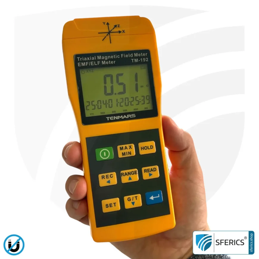 TENMARS TM-192 | Magnetfeld Messgerät| Dreiachsensensor (X/Y/Z), Frequenzbereich 30 - 2000 Hz, Anzeige im mG oder µT.