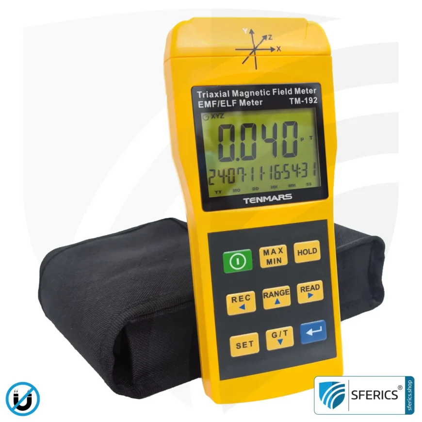 TENMARS TM-192 | Magnetfeld Messgerät| Dreiachsensensor (X/Y/Z), Frequenzbereich 30 - 2000 Hz, Anzeige im mG oder µT