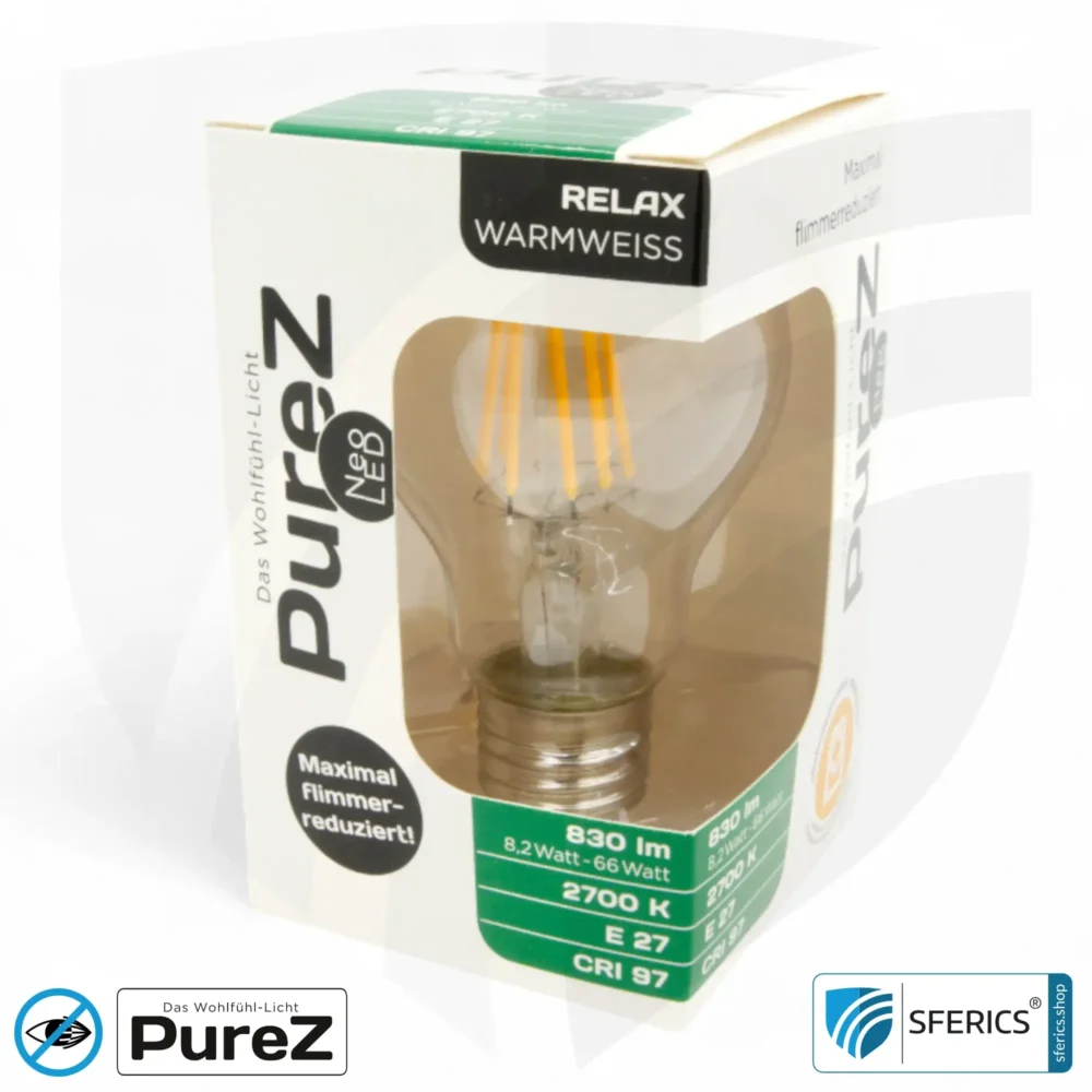 8,2 Watt LED Filament Pure-Z NEO | Hell wie 66 Watt, 830 Lumen | CRI 97 | flimmerfrei | warmweiß | E27 | klar