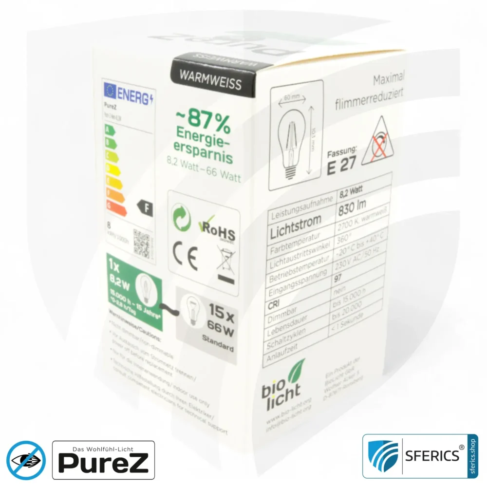 8,2 Watt LED Filament Pure-Z NEO | Hell wie 66 Watt, 830 Lumen | CRI 97 | flimmerfrei | warmweiß | E27 | klar