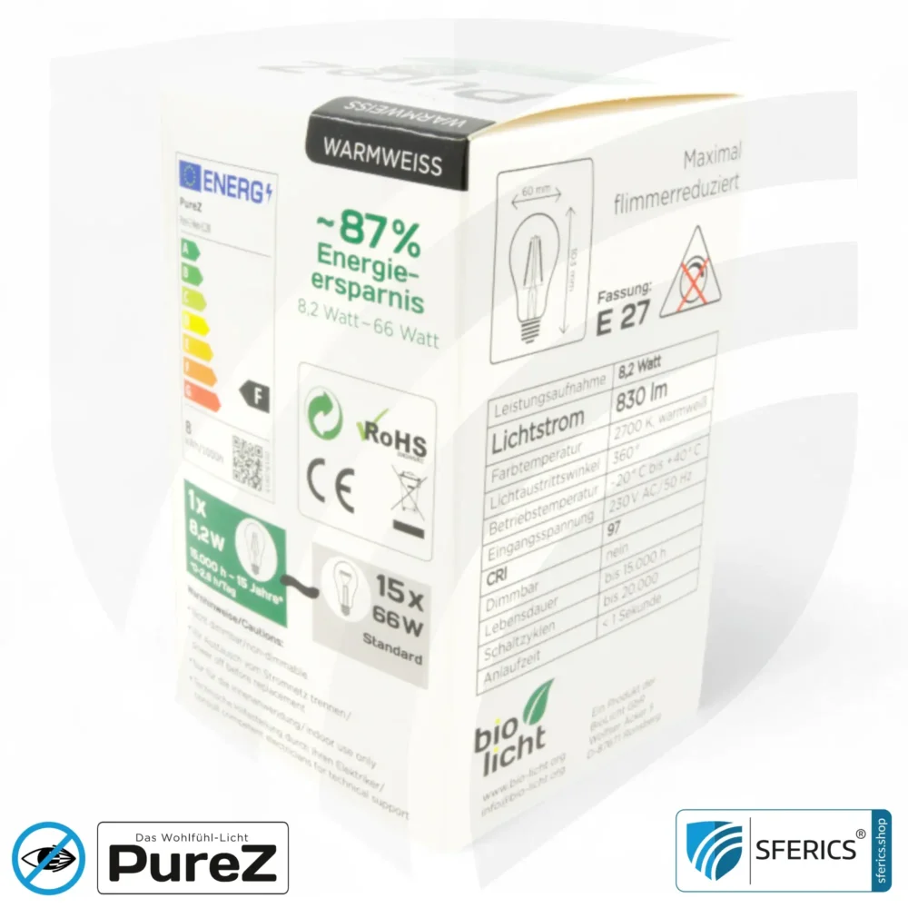 8,2 Watt LED Filament Pure-Z NEO | Hell wie 66 Watt, 830 Lumen | CRI 97 | flimmerfrei | warmweiß | E27 | matt