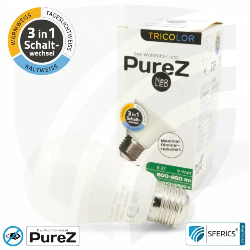 9 Watt LED TRICOLOR Pure-Z NEO | 3in1 = 3 umschaltbare Lichtfarben | Hell wie 80 Watt, 850 Lumen | CRI über 90 | flimmerfrei | E27