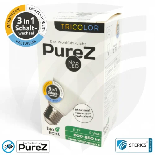 9 Watt LED TRICOLOR Pure-Z NEO | 3in1 = 3 umschaltbare Lichtfarben | Hell wie 80 Watt, 850 Lumen | CRI über 90 | flimmerfrei | E27