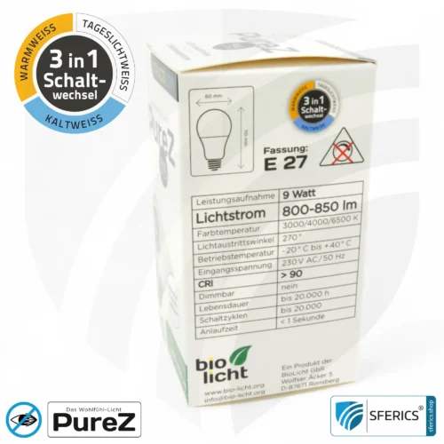 9 Watt LED TRICOLOR Pure-Z NEO | 3in1 = 3 umschaltbare Lichtfarben | Hell wie 80 Watt, 850 Lumen | CRI über 90 | flimmerfrei | E27