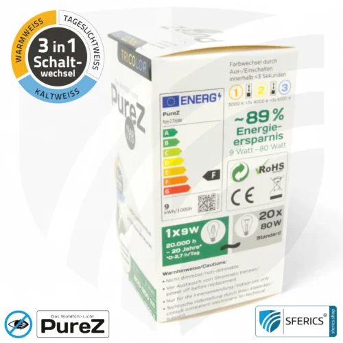 9 Watt LED TRICOLOR Pure-Z NEO | 3in1 = 3 umschaltbare Lichtfarben | Hell wie 80 Watt, 850 Lumen | CRI über 90 | flimmerfrei | E27