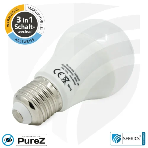 9 Watt LED TRICOLOR Pure-Z NEO | 3in1 = 3 umschaltbare Lichtfarben | Hell wie 80 Watt, 850 Lumen | CRI über 90 | flimmerfrei | E27