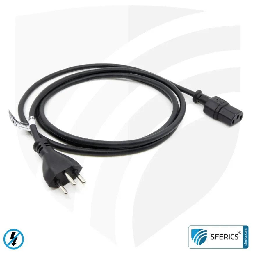 Geschirmtes Kaltgerätekabel Typ J mit C13 Stecker (Schweiz, Liechtenstein, ...) | schwarz | 2 Meter | Kaltgeräteanschlußleitung zur Abschirmung elektrischer und magnetischer Wechselfelder NF